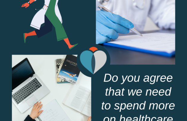 Collage of a doctor, research materials, and a person taking notes with the text “Do you agree that we need to spend more on healthcare research?”