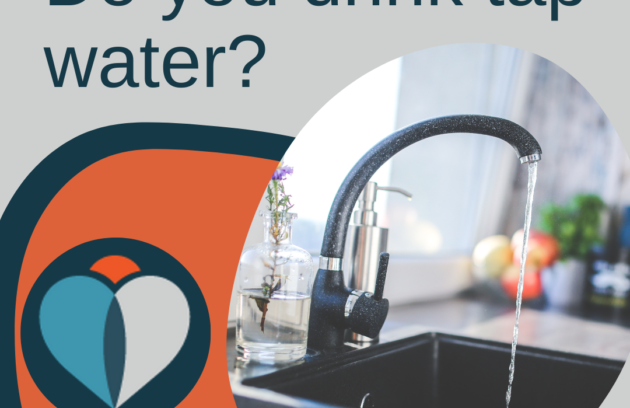 Running tap water in a kitchen sink with the text “Do you drink tap water?”